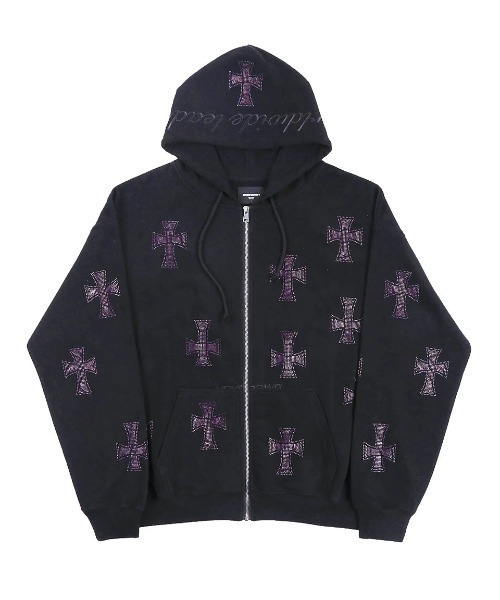 UNKNOWN LONDON（アンノウン・ロンドン）の「A'GEM/9 × .kom 『UNKNOWN LONDON/アンノウン ロンドン』 Cross Rhinestone Zip Hoodie②/クロスラインストーンジップアップパーカー②（パーカー・メンズ・ブラック×レッド/ホワイト/ブラック×パープル/ブラック×シルバー・L/M/XL）」の3枚目の写真