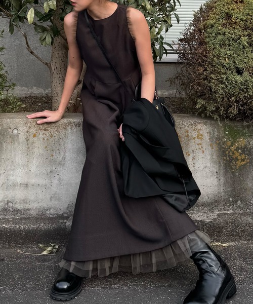 nosleeve hem tiered tulle kersey OP（ワンピース）｜WILLFULLY