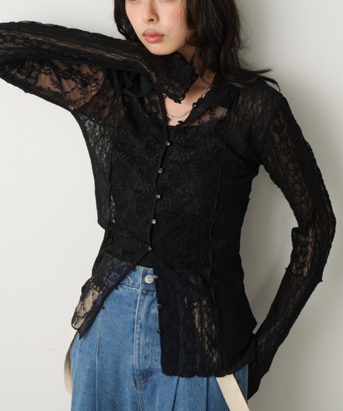 Unitage（ユニテージ）の「レースパッチワーク衿付きカーディガン（Tシャツ/カットソー・レディース・ブラック/アイボリー・FREE）」の15枚目の写真