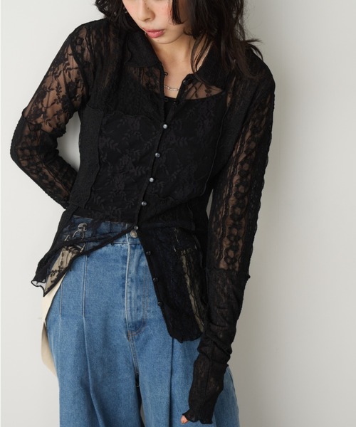 Unitage（ユニテージ）の「レースパッチワーク衿付きカーディガン（Tシャツ/カットソー・レディース・ブラック/アイボリー・FREE）」の5枚目の写真