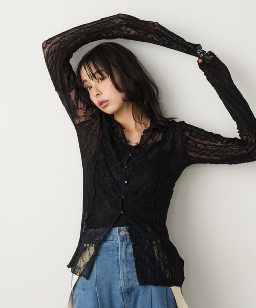 Unitage（ユニテージ）の「レースパッチワーク衿付きカーディガン（Tシャツ/カットソー・レディース・ブラック/アイボリー・FREE）」の14枚目の写真
