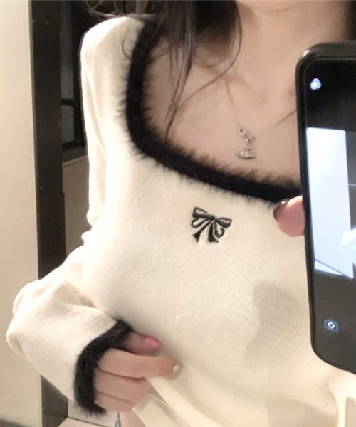 Flugge(フラッジー)の「リボン刺繍スクエアネックトップス(その他トップス・レディース・ブラック/ホワイト・MEDIUM/LARGE)」の2枚目の写真
