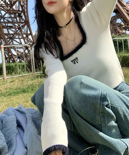 Flugge(フラッジー)の「リボン刺繍スクエアネックトップス(その他トップス・レディース・ブラック/ホワイト・MEDIUM/LARGE)」の10枚目の写真