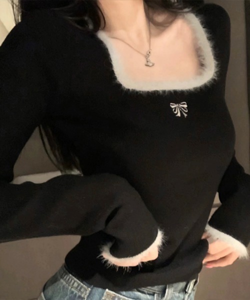 Flugge(フラッジー)の「リボン刺繍スクエアネックトップス(その他トップス・レディース・ブラック/ホワイト・MEDIUM/LARGE)」の9枚目の写真