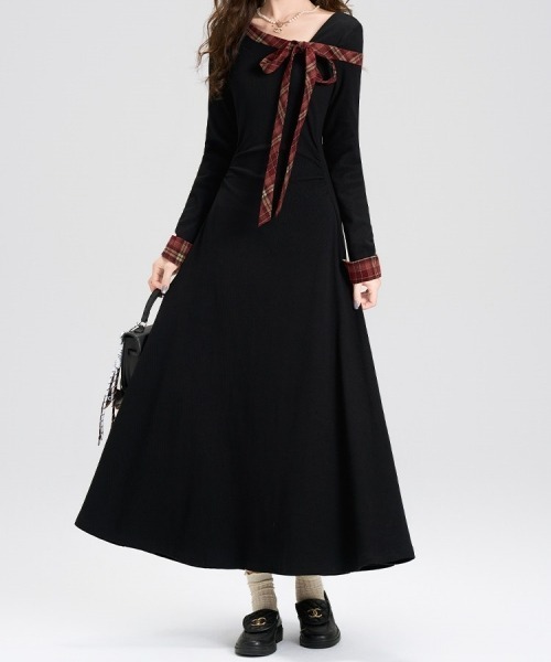 gossip!ロサンゼルス(ゴシップロサンゼルス)の「【Y2Kガーリー】レトロオフショルダーチェックリボンワンピース(ワンピース・レディース・ブラック・FREE)」の6枚目の写真