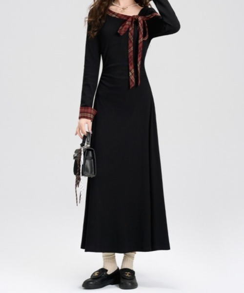 gossip!ロサンゼルス(ゴシップロサンゼルス)の「【Y2Kガーリー】レトロオフショルダーチェックリボンワンピース(ワンピース・レディース・ブラック・FREE)」の8枚目の写真