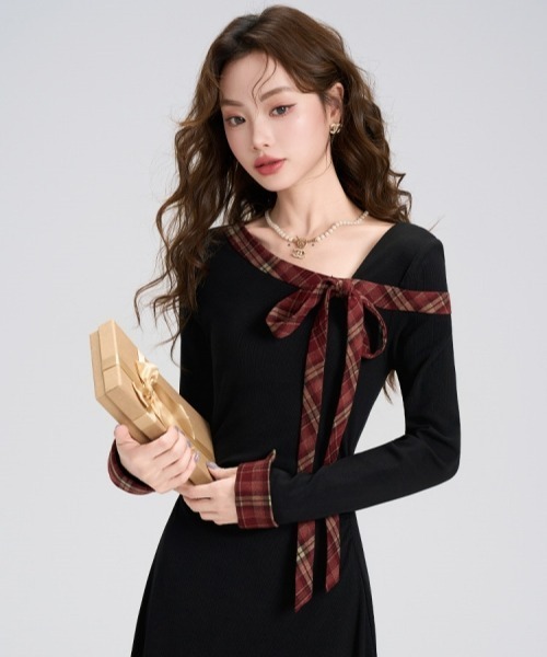 gossip!ロサンゼルス(ゴシップロサンゼルス)の「【Y2Kガーリー】レトロオフショルダーチェックリボンワンピース(ワンピース・レディース・ブラック・FREE)」の12枚目の写真