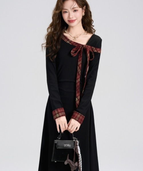gossip!ロサンゼルス(ゴシップロサンゼルス)の「【Y2Kガーリー】レトロオフショルダーチェックリボンワンピース(ワンピース・レディース・ブラック・FREE)」の17枚目の写真