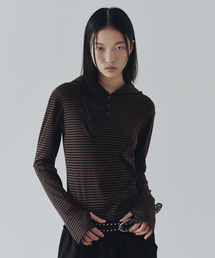 NEEV（ニーヴ）の「Button Stripe Hooded T-Shirt (Brown)（Tシャツ/カットソー）」