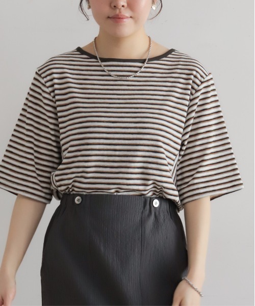 NOMBRE IMPAIR(ノンブルアンペール)の「マルチカラーボーダーフライス 5分袖プルオーバー(Tシャツ/カットソー・レディース・ブラウン/ベージュ・FREE)」の1枚目の写真