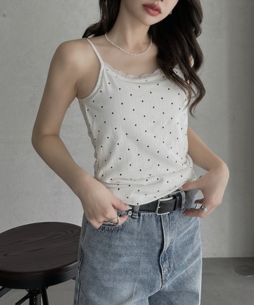 TREOVER（トレオーバー）の「レース×ドットのトレンドミックス カップ付きキャミソール（キャミソール・レディース・オフホワイト/ブラック・FREE）」の3枚目の写真