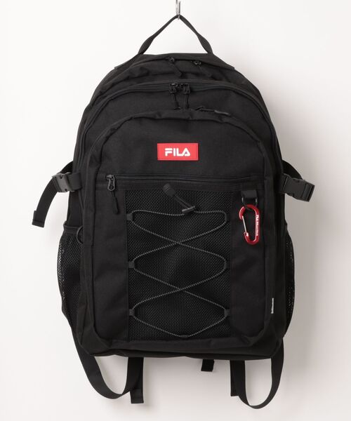 FILA（フィラ）の「FILA（フィラ）撥水加工 ドローコードデザインバックパック  カラビナ付き/リュックサック A4 PC収納 メンズ レディース 通学 通勤（バックパック/リュック・メンズ・ブラック×ブラック/ブラック×レッド/ブラック×ブルー・FREE）」の2枚目の写真