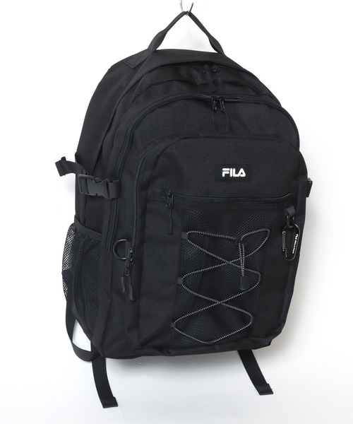 FILA(フィラ)の「FILA(フィラ)撥水加工 ドローコードデザインバックパック カラビナ付き/リュックサック A4 PC収納 メンズ レディース 通学 通勤(バックパック/リュック・メンズ・ブラック×ブラック/ブラック×レッド/ブラック×ブルー・FREE)」の2枚目の写真