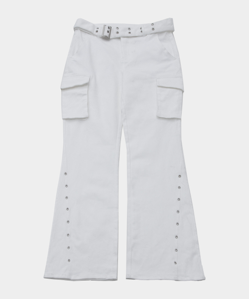 PLACE STUDIO（プレイススタジオ）の「アイレットベルト付きレイヤードダブルカーゴローライズブーツカットコットンパンツ_3COLOR（その他パンツ・レディース・ホワイト/チャコール/ブラック・SMALL/MEDIUM）」の6枚目の写真
