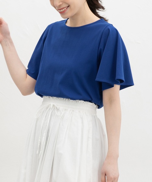 Honeys(ハニーズ)の「【ハニさら・接触冷感・UVカット】フレアスリーブトップス(Tシャツ/カットソー・レディース・アイボリー/ホワイト×ブラック/ブラック/ブルー/イエロー・3L/L/LL/M/S)」の5枚目の写真