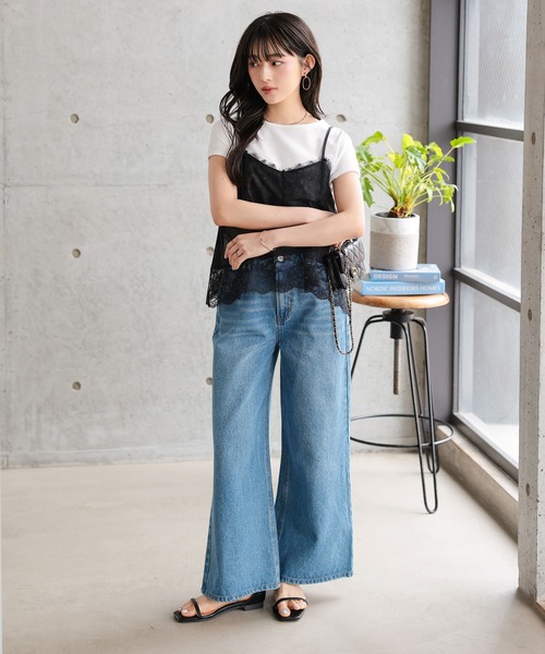 Petitle（プチレ）の「[ 低身長向けサイズ ] 2点セット レースキャミソール × フレンチTシャツ（Tシャツ/カットソー・レディース・ブラック系/ホワイト系・PM）」の4枚目の写真