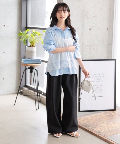 Petitle（プチレ）の「[ 低身長向けサイズ ] 2点セット レースキャミソール × フレンチTシャツ（Tシャツ/カットソー・レディース・ブラック系/ホワイト系・PM）」の3枚目の写真