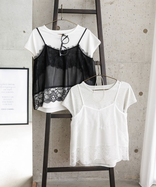 Petitle（プチレ）の「[ 低身長向けサイズ ] 2点セット レースキャミソール × フレンチTシャツ（Tシャツ/カットソー・レディース・ブラック系/ホワイト系・PM）」の7枚目の写真