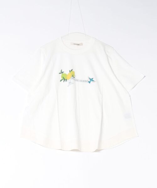 SUPER HAKKA(スーパーハッカ)の「SUPER HAKKA×マツモトヨーコ 30/-天竺「レモンの島へ」プリント+刺繍Tシャツ(Tシャツ/カットソー・レディース・オフホワイト/グレー/グリーン・FREE)」の1枚目の写真