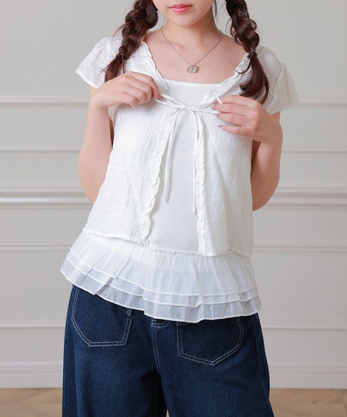 Anely(アネリー)の「Anely フロント リボン 裾フリル レイヤード トップス(Tシャツ/カットソー・レディース・ブルーグレー/アイボリー/ピンク・FREE)」の2枚目の写真
