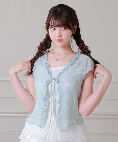 Anely(アネリー)の「Anely フロント リボン 裾フリル レイヤード トップス(Tシャツ/カットソー・レディース・ブルーグレー/アイボリー/ピンク・FREE)」の1枚目の写真