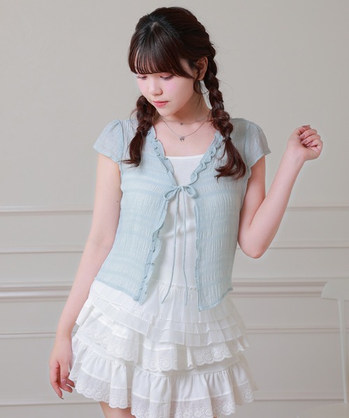 Anely(アネリー)の「Anely フロント リボン 裾フリル レイヤード トップス(Tシャツ/カットソー・レディース・ブルーグレー/アイボリー/ピンク・FREE)」の6枚目の写真