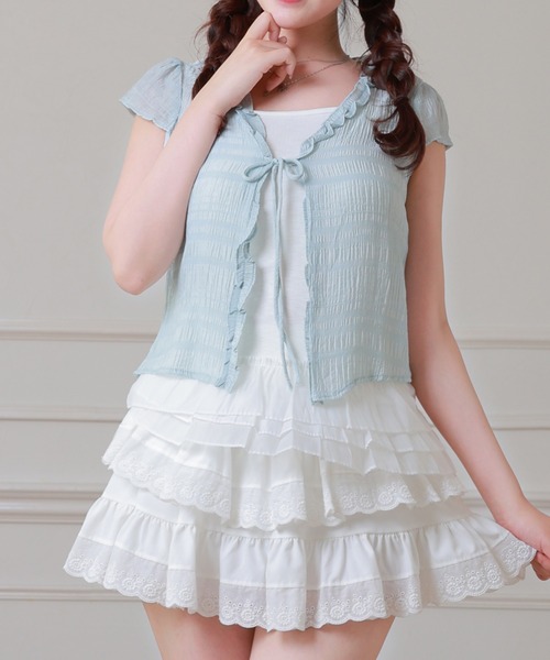 Anely(アネリー)の「Anely フロント リボン 裾フリル レイヤード トップス(Tシャツ/カットソー・レディース・ブルーグレー/アイボリー/ピンク・FREE)」の7枚目の写真