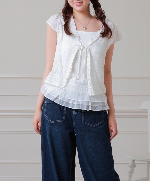 Anely(アネリー)の「Anely フロント リボン 裾フリル レイヤード トップス(Tシャツ/カットソー・レディース・ブルーグレー/アイボリー/ピンク・FREE)」の10枚目の写真