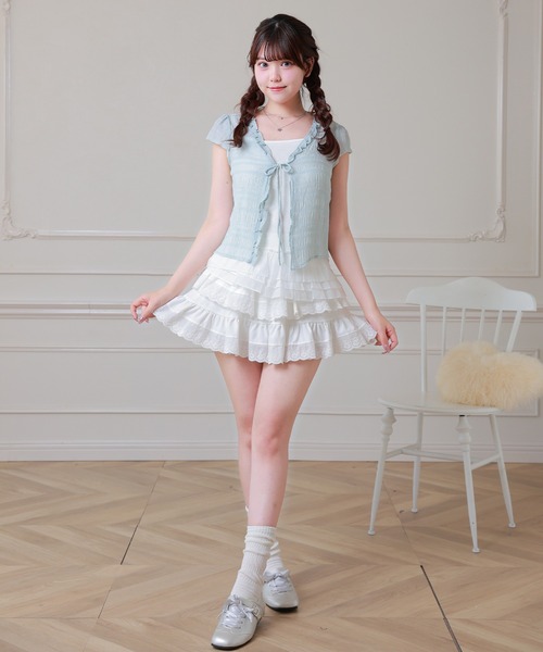 Anely(アネリー)の「Anely フロント リボン 裾フリル レイヤード トップス(Tシャツ/カットソー・レディース・ブルーグレー/アイボリー/ピンク・FREE)」の5枚目の写真