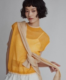 【W:Huku / バイカラーシャイニーニット】シアー ノースリーブ / フレンチスリーブ 袖なし/ Two-Tone Shiny Knit Sleeveless Top