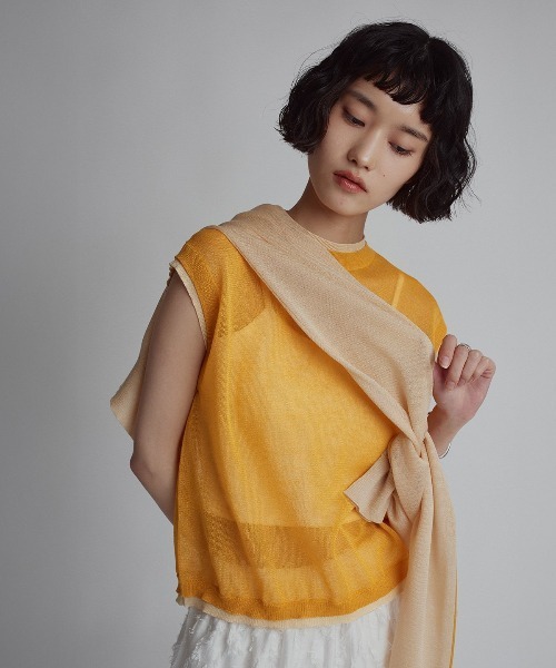 W:Huku(フーク)の「【W:Huku / バイカラーシャイニーニット】シアー ノースリーブ / フレンチスリーブ 袖なし/ Two-Tone Shiny Knit Sleeveless Top(タンクトップ・レディース・オフホワイト/チャコール/ブラウン/オレンジ・FREE)」の10枚目の写真