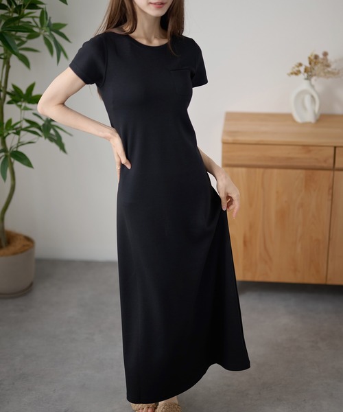 DAYRA(デイラ)の「クルーネック 胸ポケット 半袖 ロング ワンピース(ワンピース・レディース・ブラック/ダークグレー/ネイビー・S/FREE)」の8枚目の写真
