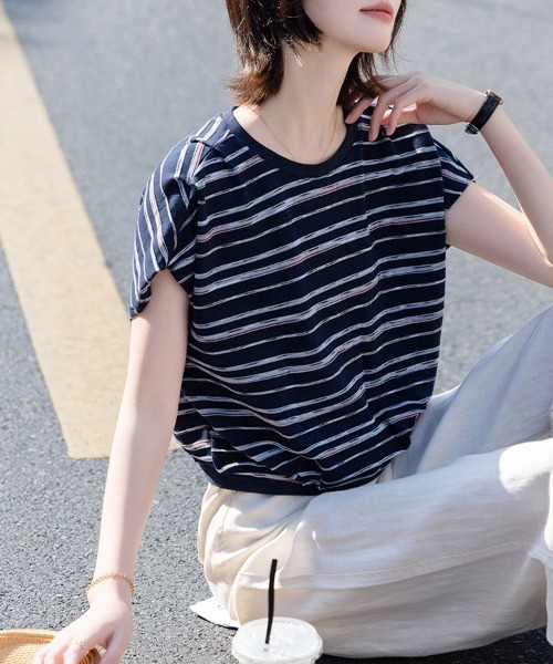 ONEP STAR(ワンピスター)の「バックリボンストライプ半袖カットソー(Tシャツ/カットソー・レディース・ネイビー・X-LARGE/LARGE/MEDIUM)」の9枚目の写真
