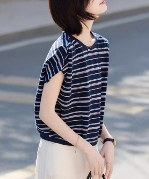 ONEP STAR(ワンピスター)の「バックリボンストライプ半袖カットソー(Tシャツ/カットソー・レディース・ネイビー・X-LARGE/LARGE/MEDIUM)」の10枚目の写真