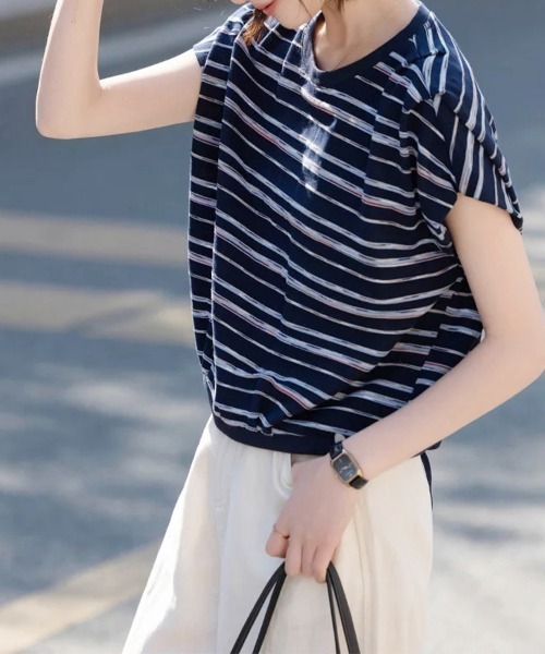ONEP STAR(ワンピスター)の「バックリボンストライプ半袖カットソー(Tシャツ/カットソー・レディース・ネイビー・X-LARGE/LARGE/MEDIUM)」の12枚目の写真