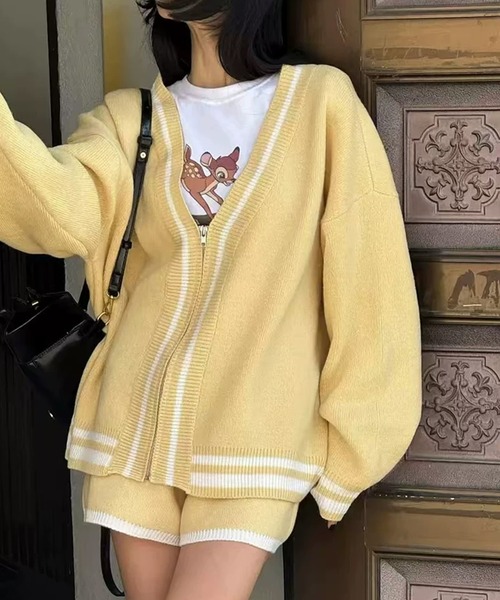 Girly Doll(ガーリードール)の「【セットアップ】配色ラインニットカーディガン&ニットショートパンツ(セットアップ・レディース・イエロー/グレー/ホワイト/ブラック・FREE)」の4枚目の写真