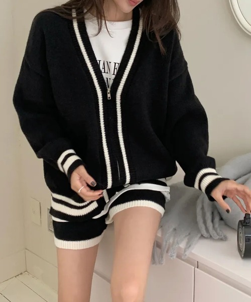 Girly Doll(ガーリードール)の「【セットアップ】配色ラインニットカーディガン&ニットショートパンツ(セットアップ・レディース・イエロー/グレー/ホワイト/ブラック・FREE)」の9枚目の写真