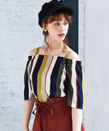 マルチストライプ柄オフショルトップス