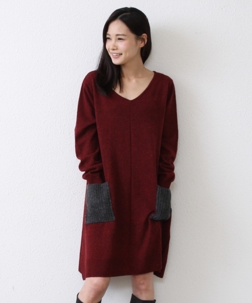 coen（コーエン）の「ウール混カラーネップニットワンピース（ワンピース・レディース・ライトグレー/ワインレッド/ダークグリーン・フリー）」の3枚目の写真