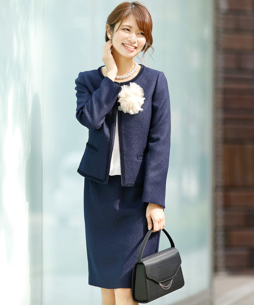 PourVous（プールヴー）の「レースグログランリボンジャケットスーツ3点セット スカート セレモニースーツ/ 入学式（入園式）卒業式（卒園式）フォーマルスーツ 七五三 ママ セットアップ 母親 40代 30代 母 服（スーツセット・レディース・ベージュ/ネイビー/ブラック×ホワイト・M/L/XL）」の3枚目の写真