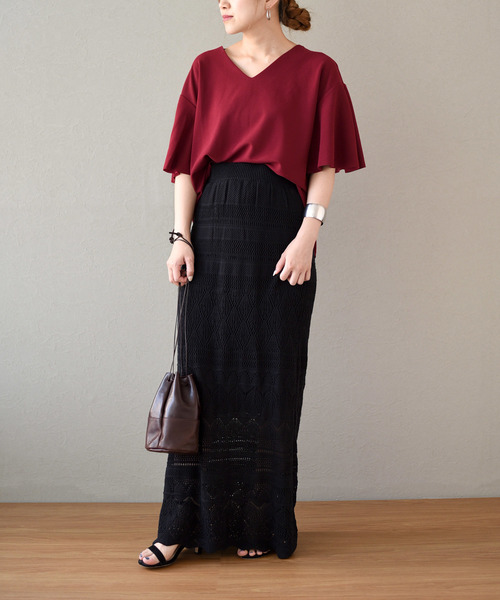 LHELBIE(レルビエ)の「バックフリルハーフスリーブVネックプルオーバー(Tシャツ/カットソー・レディース・ブラック/オフホワイト/キャメル/ワイン・M)」の16枚目の写真