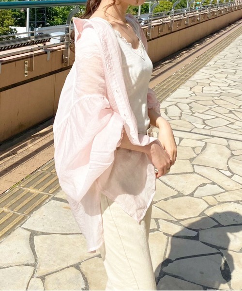 ベージュ シアー袖 フレアパンツドレス PourVous（プールヴー）の「シアースリーブ パーティー パンツドレス