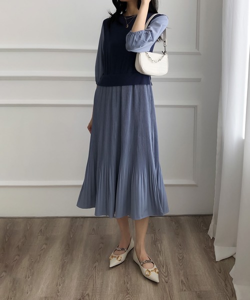 Doula Doula(ドゥーラドゥーラ)の「ドッキングプリーツマキシ丈ワンピース(ワンピース・レディース・ホワイト/ブラック/ベージュ/ネイビー・FREE)」の8枚目の写真