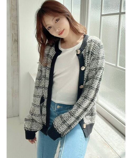 RESEXXY(リゼクシー)の「ツイードライクニットカーデ【セットアップ着用可能】(カーディガン/ボレロ・レディース・ブラック/ブルー/ベージュ・FREE)」の8枚目の写真