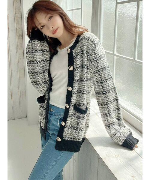 RESEXXY(リゼクシー)の「ツイードライクニットカーデ【セットアップ着用可能】(カーディガン/ボレロ・レディース・ブラック/ブルー/ベージュ・FREE)」の13枚目の写真