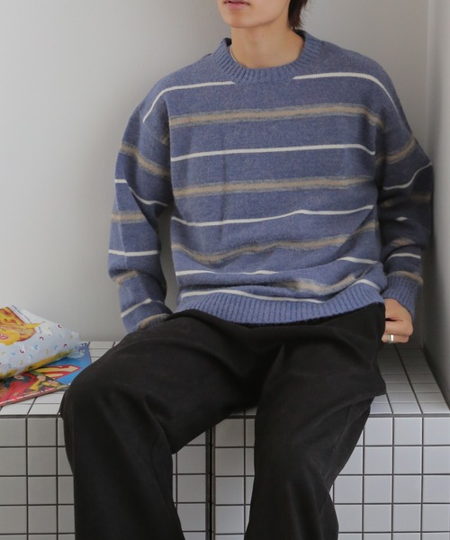 TUTTU（トゥトゥ）の「オーバーサイズボーダーニットプルオーバー（ニット/セーター・メンズ・ダークブラウン/ダークブルー・M/L）」の2枚目の写真