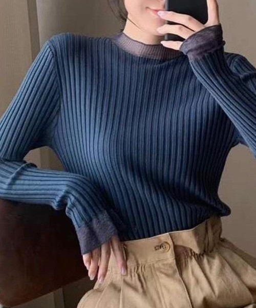 Loco Ocean（ロコオーシャン）の「シアーフリルネック リブ ハイネックニットトップス（ニット/セーター・レディース・ブラック/ベージュ/パープル/オフホワイト/ブルー/アイボリー・FREE）」の12枚目の写真