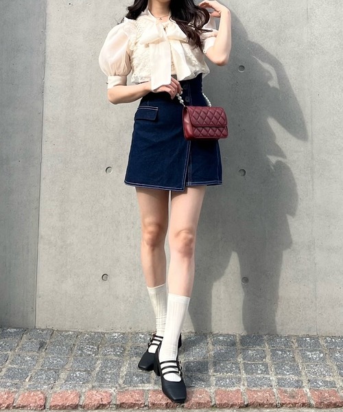 TITTY&CO.（ティティーアンドコー）の「【TITTY&CO.】刺繍レースリボン半袖ブラウス（シャツ/ブラウス・レディース・アイボリー/グレー系その他/ブラック・FREE）」の9枚目の写真