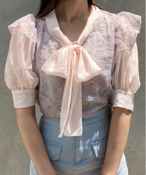 TITTY&CO.（ティティーアンドコー）の「【TITTY&CO.】刺繍レースリボン半袖ブラウス（シャツ/ブラウス・レディース・アイボリー/グレー系その他/ブラック・FREE）」の20枚目の写真