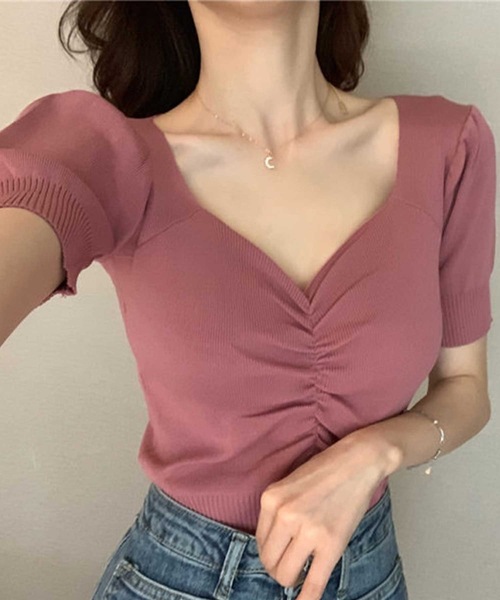LUGG NAGG（ラグナグ）の「パフスリーブシャーリングサマーニットトップス（Tシャツ/カットソー・レディース・ローズ/イエロー/レッド/レッドパープル/ホワイト/ブラック/ベージュ・M）」の7枚目の写真